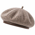 Béret taille unique en textile marron beige à motif pied-de-poule style rétro