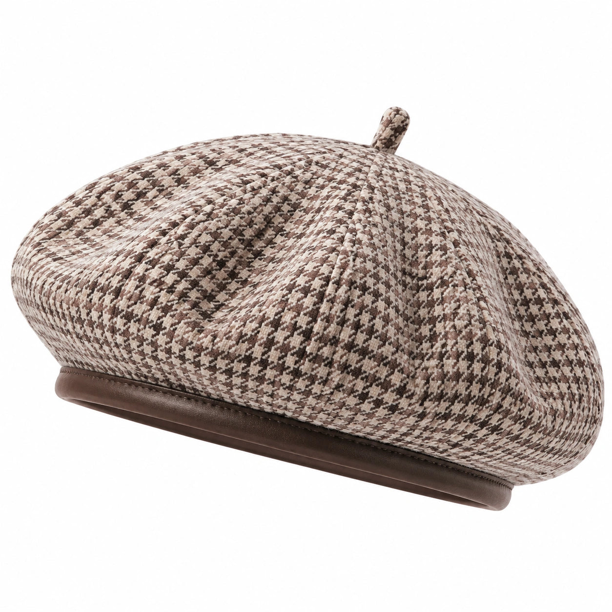 Béret taille unique en textile marron beige à motif pied-de-poule style rétro