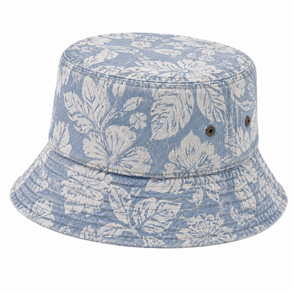 Chapeau bob taille unique en tissu bleu ciel et blanc à motif floral avec œillets respirants
