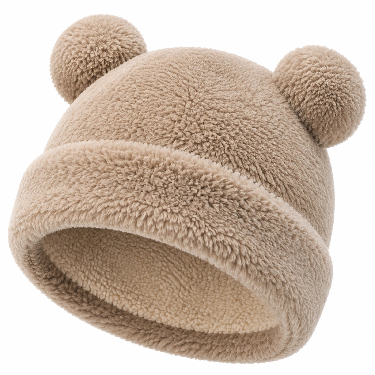 Bonnet enfant taille unique en tissu peluche beige à oreilles style ours