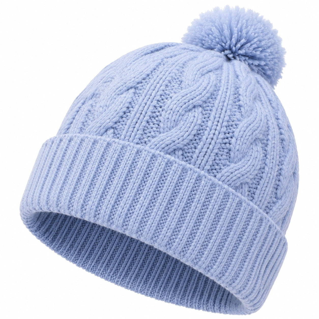 Bonnet à pompon bleu clair en maille torsadée - taille unique chaud à revers