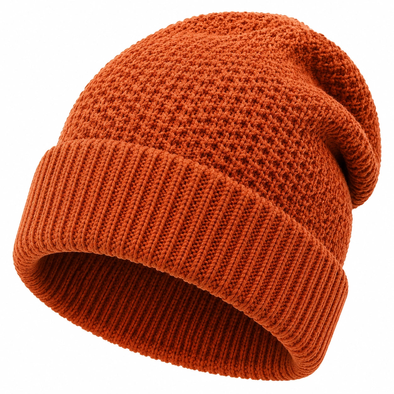 Bonnet unisexe taille unique en maille orange terracotta - revers côtelé style décontracté