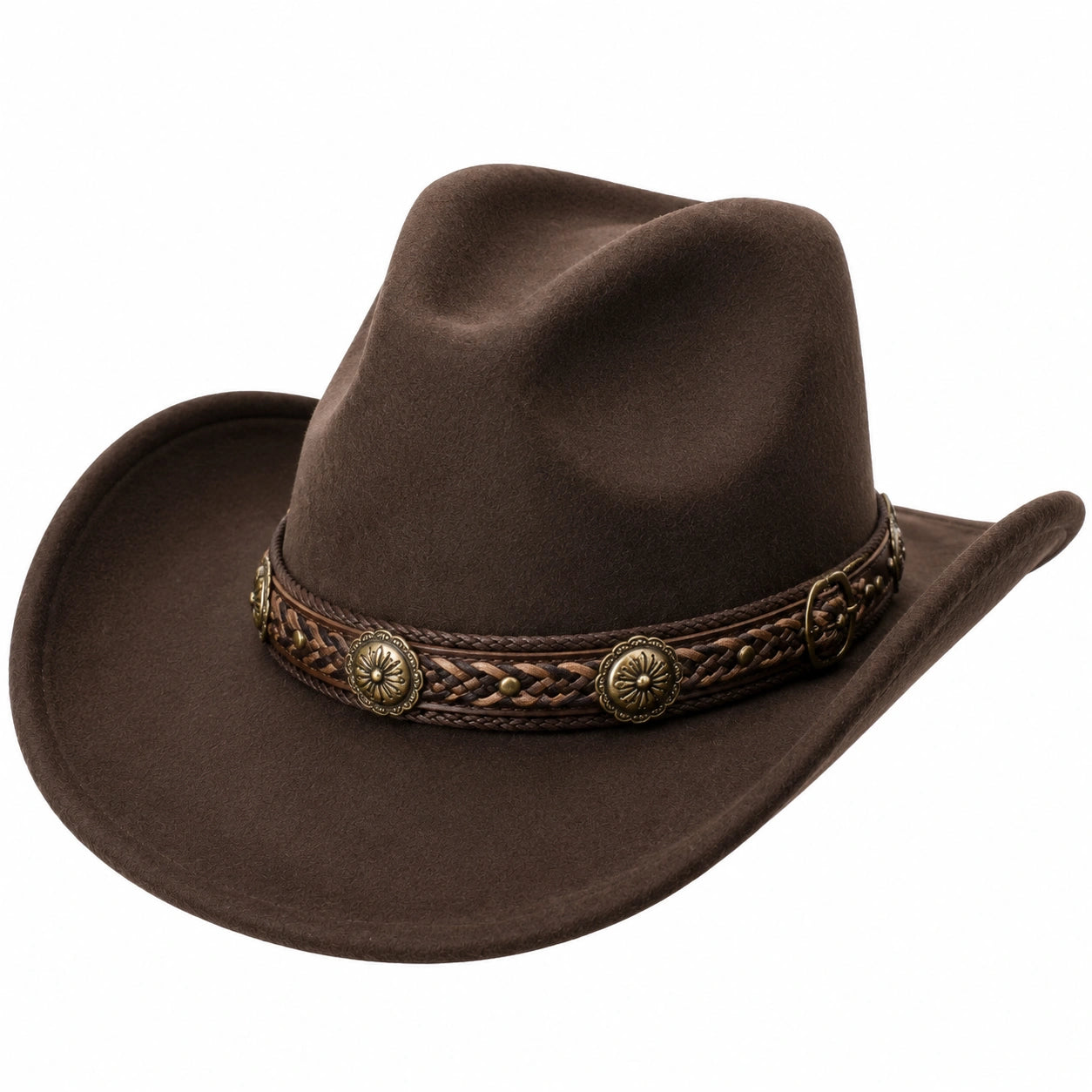 Chapeau cowboy taille unique brun en textile effet feutre avec bande tressée décorative