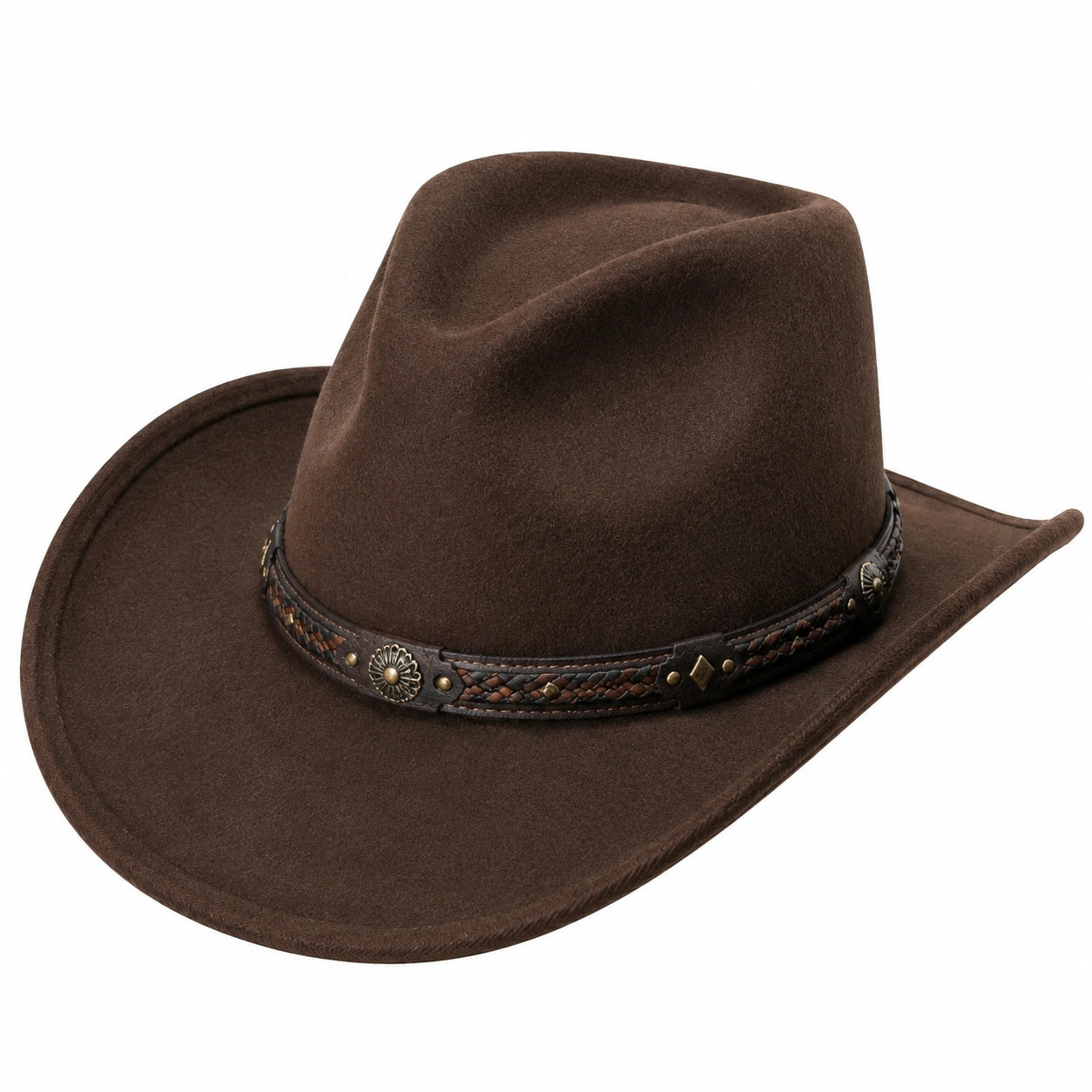 Chapeau cowboy taille unique brun aspect feutre avec bande décorative tressée